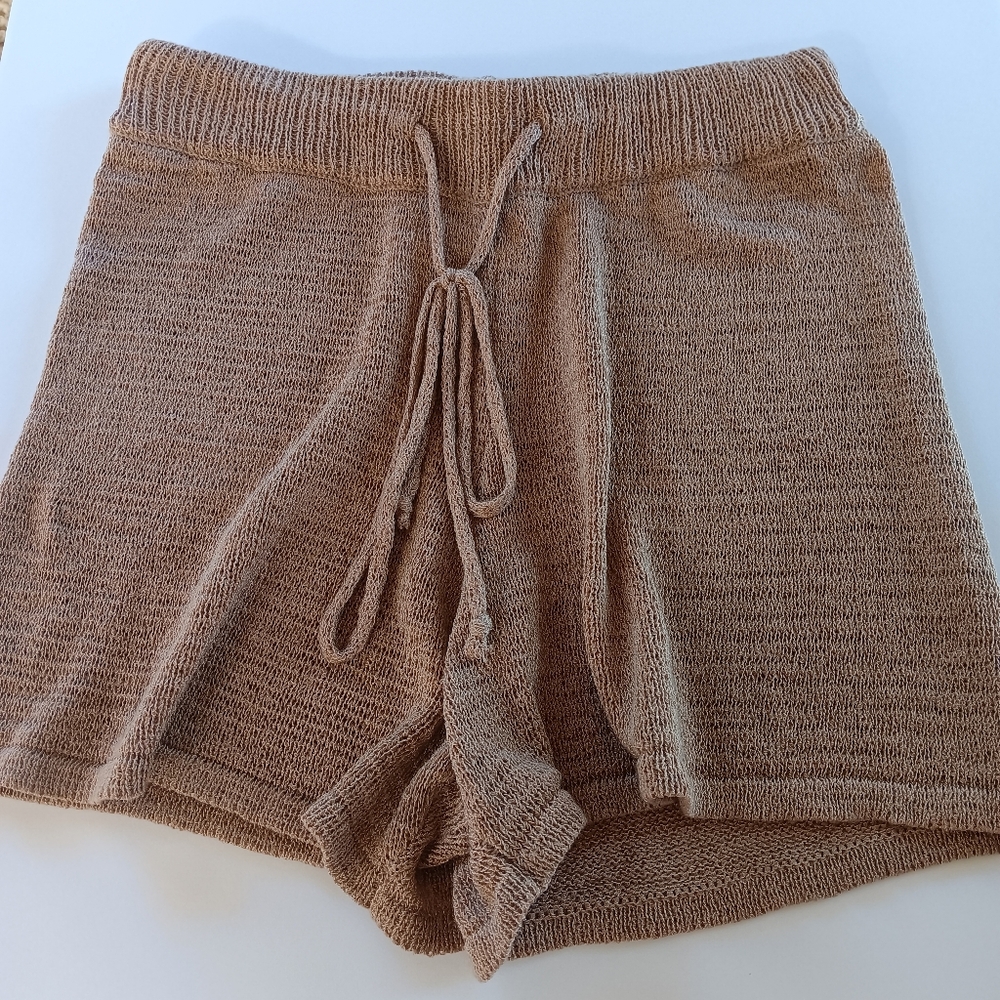 Lightweight High Rise Tie Waist Cozy Minimalist Coffee Beach Knit Shorts - Picture 2 of 4